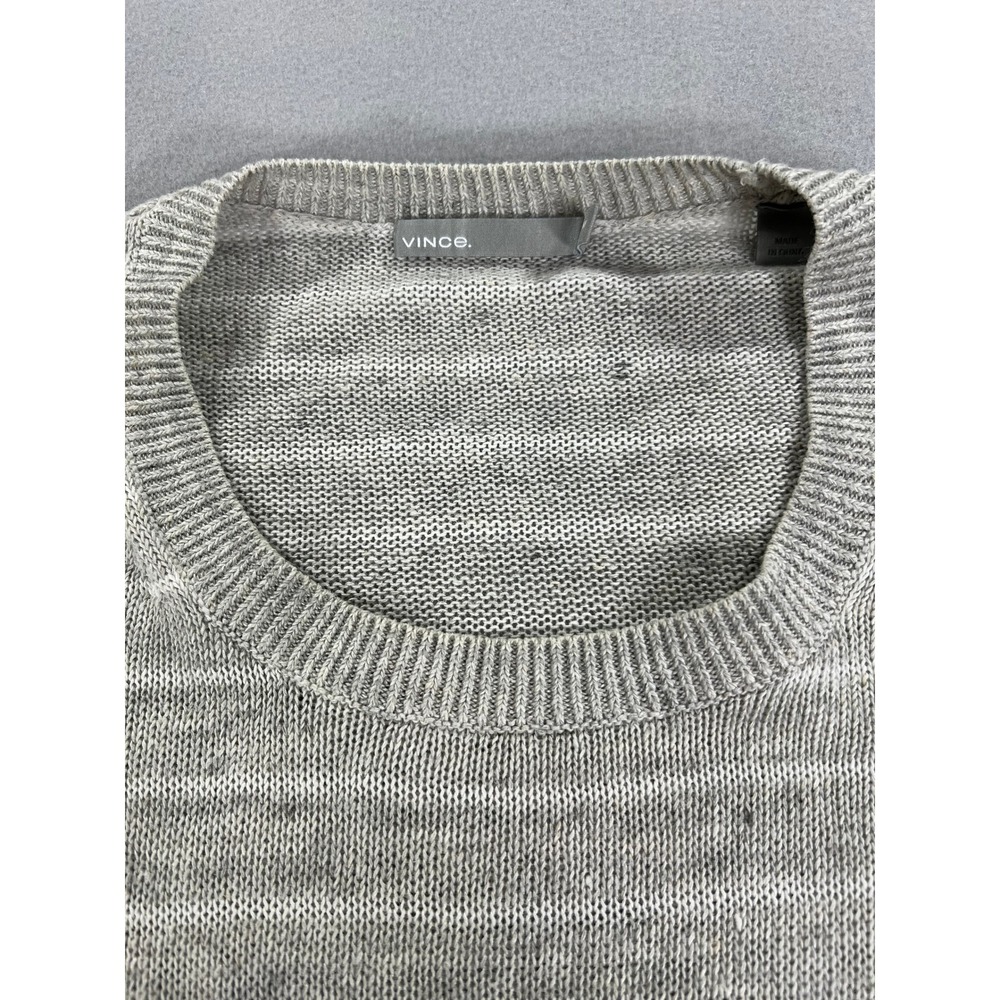 Vince Mens Grey White Striped 100% Linen Long Sleeve Crew Neck Sweater Size M - Picture 3 of 9